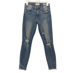 Frame‎ Le High Skinny Jeans 27 Blue Distressed Denim Raw Hem Stretchy Mid Rise